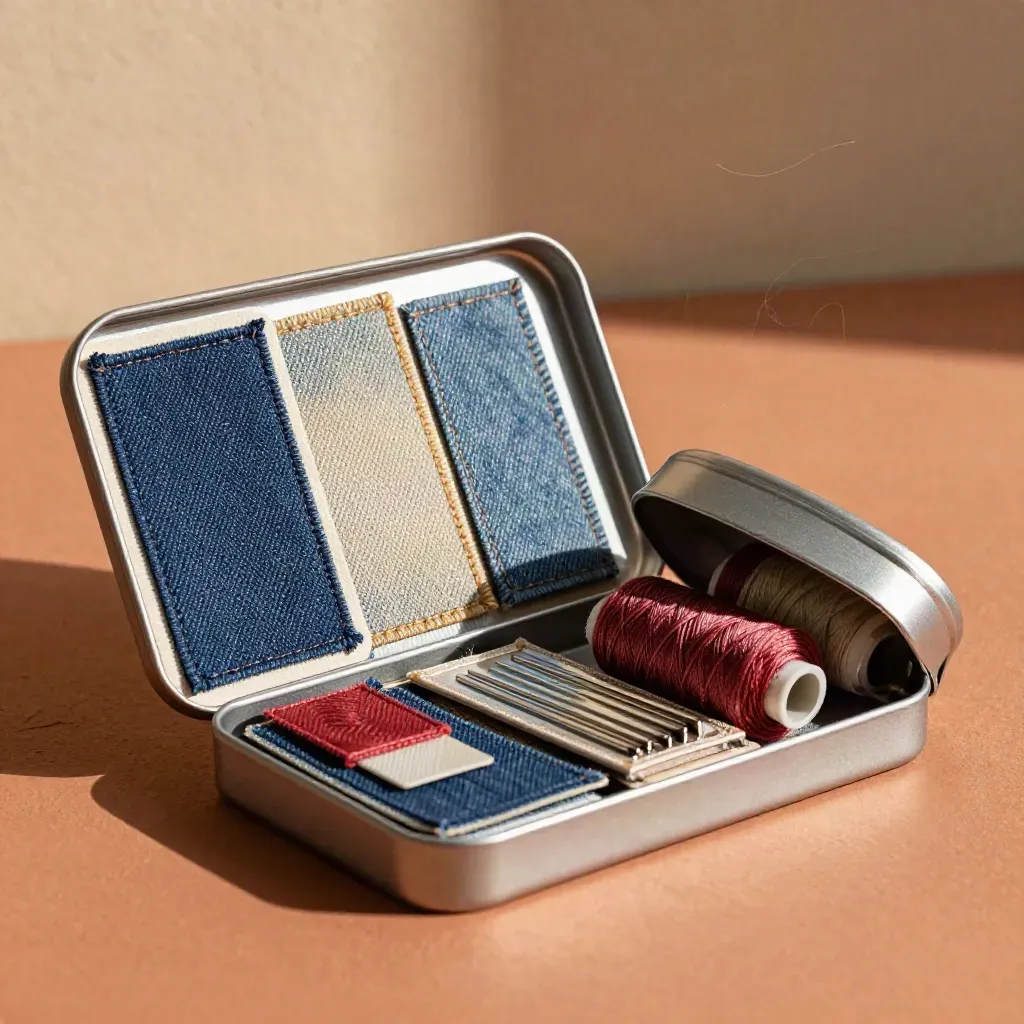 Open denim patch repair kit with thread, needles and tin on terracotta studio surface.