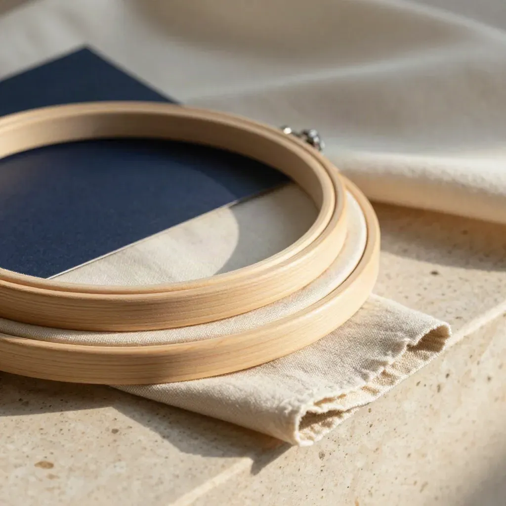 Three embroidery hoops on stone with calico and linen, softly lit in a calm still life.