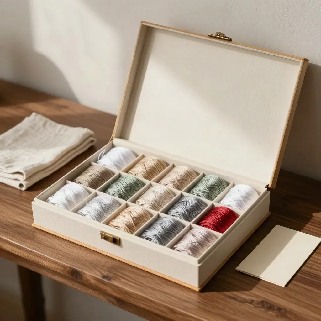 Open embroidery thread box with neatly arranged skeins on a walnut craft bench.