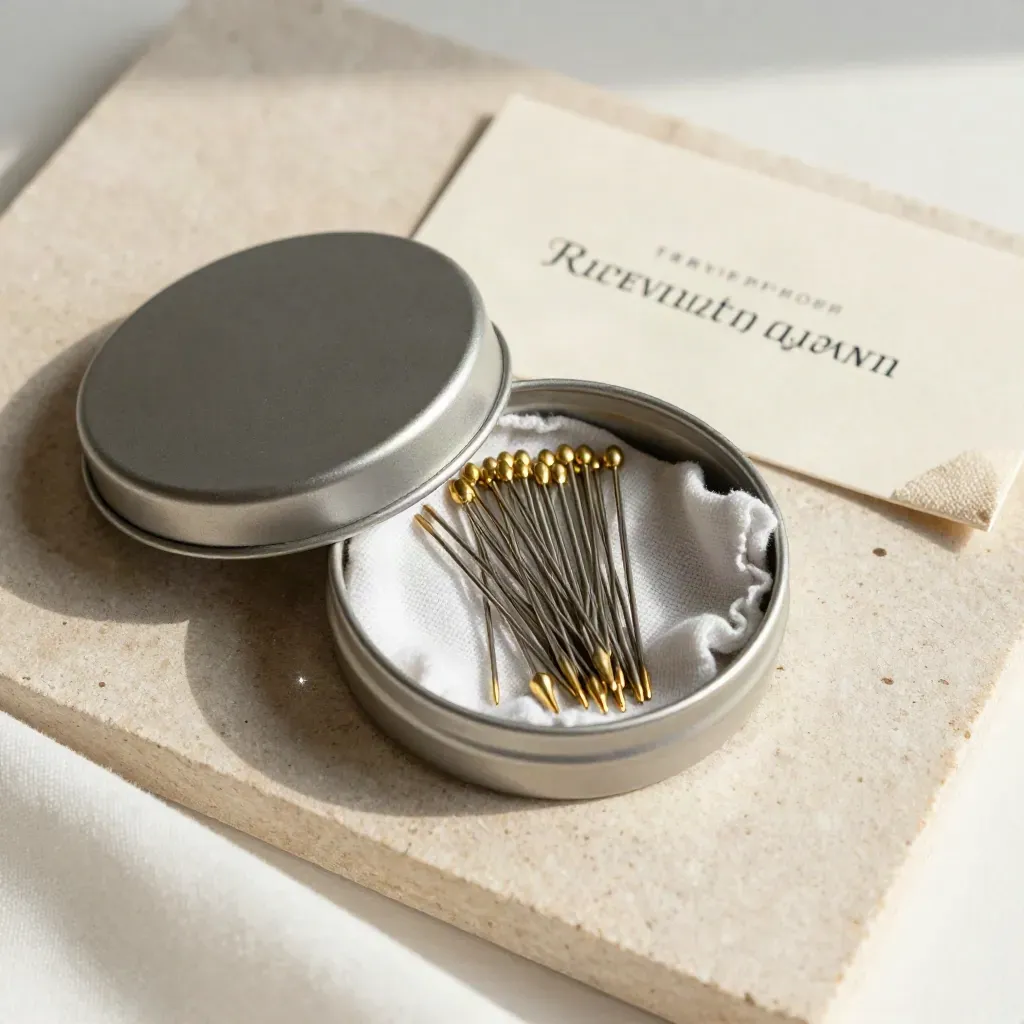 Half-open quilting pins tin with brass-tipped pins on cotton over pale stone.