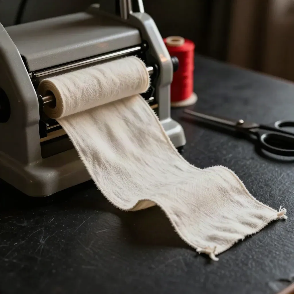 Bias tape maker guiding folded fabric, with spool and blurred scissors on a dark studio surface.