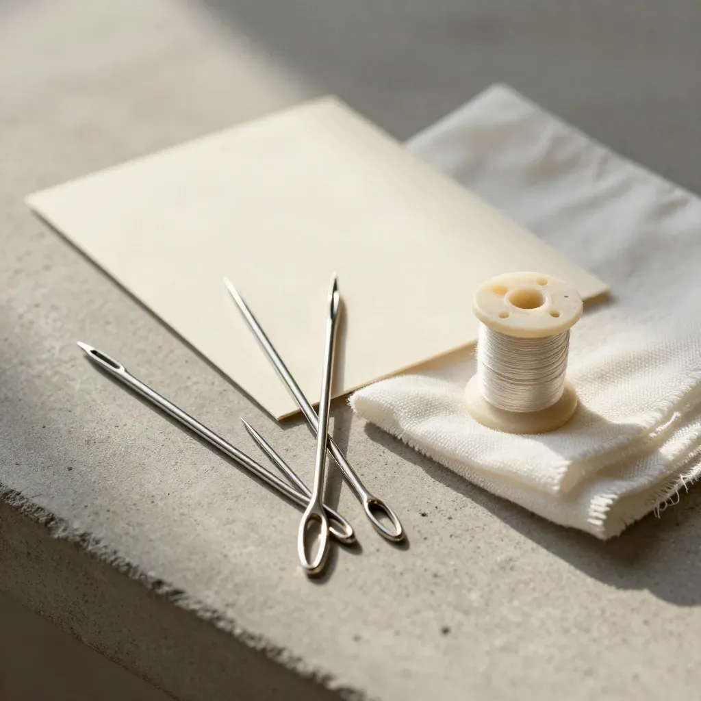 Needle threader set, needle, thread spool and cream card on stone surface.