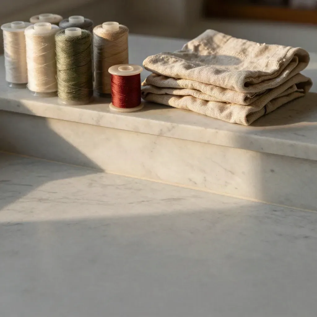 Thread cones and bobbins on a pale marble ledge in warm late-afternoon light.